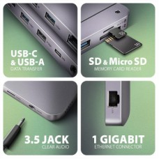 Концентратор AXAGON USB-C 12-in-1 HDMI + DisplayPort + RJ45 1000Mbps + PD100W aluminum gray (HMC-12GM2) - Фото