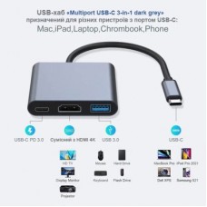 Концентратор Dynamode USB-C 3-in-1 1xHDMI 4K + 1xUSB 3.0 + 1xUSB-C PD 87W (Multiport USB-C 3-in-1 dark grey) - Фото