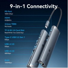 Концентратор VENTION USB-C 9-in-1 HDMI 60Hz + 2xUSB 3.0 + RJ45 + SD/TF + 3.5mm + PD 100W (TGVHB) - Фото