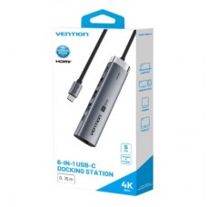 Концентратор VENTION USB-C 6-in-1 HDMI + 2xUSB 3.0 + RJ45 + PD 100W (TGNHB) - Фото