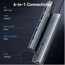 Концентратор VENTION USB-C 6-in-1 HDMI + 2xUSB 3.0 + RJ45 + PD 100W (TGNHB) - Фото