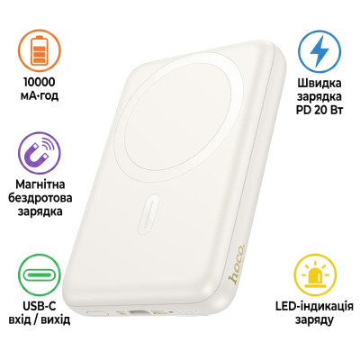 Батарея універсальна HOCO 10000 mAh Grace PD/20W Magnetic White (J141 / 714985)