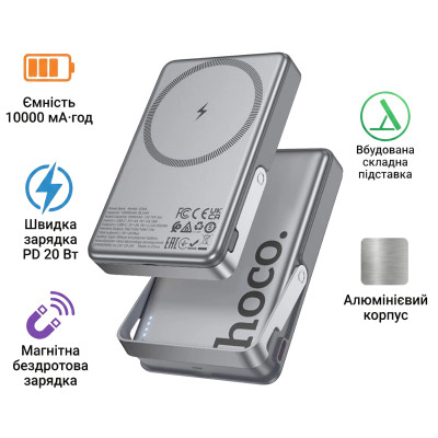Батарея універсальна HOCO 10000 mAh Sunlight PD/20W Magnetic with stand Metal Grey (Q36A / 714987)