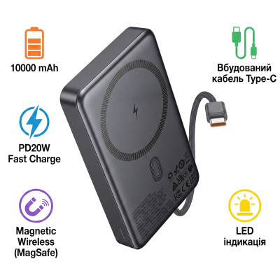 Батарея універсальна HOCO 10000 mAh Origen Dual PD/20W Magnetic with cable Type-C Metal Gray (Q44/714983)