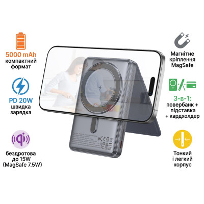 Батарея універсальна HOCO 5000 mAh Title PD/20W Magnetic with stand + mini wallet Grey (Q46 / 714988)