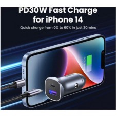 Зарядний пристрій Ugreen 1xUSB-C + 1xUSB 30 W car adapter CD130 black (40858) - Фото
