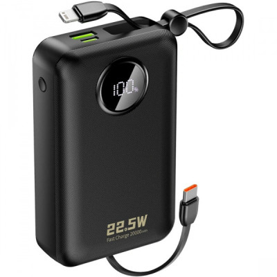 Батарея универсальная Dudao 20000mAh K14+ 22.5W, PD, QC, USB-A, USB-C(In/Out), with built-in USB-C/Lightning cables, Black