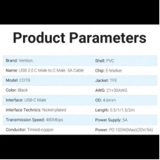 Дата кабель USB-C to USB-C 1.5m 5A black Vention (COTBG) - Фото