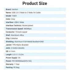 Дата кабель USB-C to USB-C 2.0m 5A aluminum gray Vention (TAEHH) - Фото