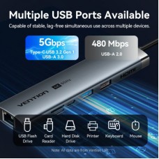 Концентратор Vention USB-C 7-in-1 USB-C PD + USB 3.2 + USB 3.0 + USB 2.0 + RJ45 + SD/TF + HDMI 0.15m (TGUHB) - Фото