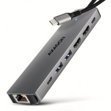 Концентратор AXAGON USBC to 2xUSBA + 1xUSBC + 2xHDMI + RJ45 + PD100W 0.15m gray (HMC-7HX2) - Фото