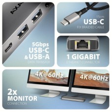 Концентратор AXAGON USBC to 2xUSBA + 1xUSBC + 2xHDMI + RJ45 + PD100W 0.15m gray (HMC-7HX2) - Фото