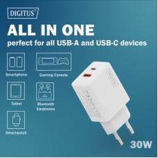 Зарядний пристрій Digitus 1xUSB-C + 1xUSB 30 W GaN (DA-10301) - Фото