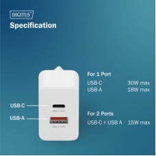 Зарядний пристрій Digitus 1xUSB-C + 1xUSB 30 W GaN (DA-10301) - Фото