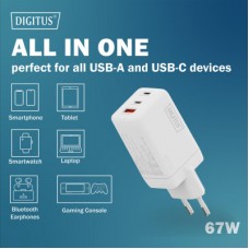 Зарядний пристрій Digitus 2xUSB-C + 1xUSB 67W GaN (DA-10303) - Фото
