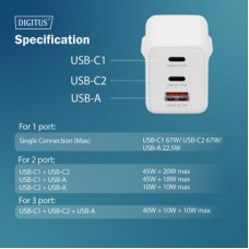 Зарядний пристрій Digitus 2xUSB-C + 1xUSB 67W GaN (DA-10303) - Фото