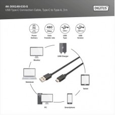 Дата кабель USB 2.0 AM to USB-C 3.0m black Digitus (AK-300148-030-S) - Фото