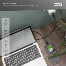 Дата кабель USB 2.0 AM to USB-C 3.0m black Digitus (AK-300148-030-S) - Фото