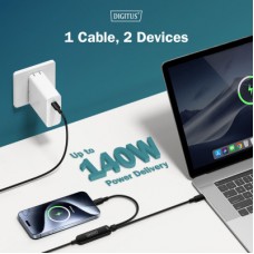 Дата кабель USB-C to 2xUSB-C 1.8m 140W black Digitus (AK-300170-018-S) - Фото