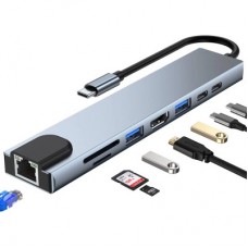 Концентратор Dynamode USB-C 8-in-1 HDMI 4K30Hz + 1xRJ45 + 1xUSB 3.0 + 1xUSB 2.0 + 1xUSB-C PD (BYL-2017L) - Фото