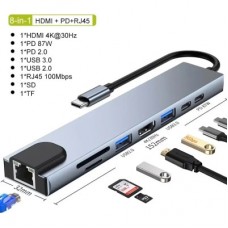 Концентратор Dynamode USB-C 8-in-1 HDMI 4K30Hz + 1xRJ45 + 1xUSB 3.0 + 1xUSB 2.0 + 1xUSB-C PD (BYL-2017L) - Фото