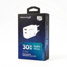 Зарядний пристрій Grand-X GaN 1xUSB-C + 1xUSB QC 3.0 36 W white (CH-360W) - Фото
