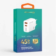 Зарядний пристрій Grand-X GaN 1xUSB-C + 1xUSB QC 3.0 45 W white (CH-460W) - Фото