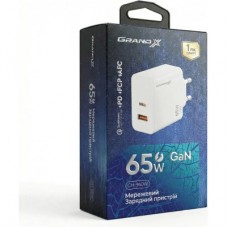 Зарядний пристрій Grand-X GaN 1xUSB-C + 1xUSB 65W PD3.0 QC4.0 AFC SCP FCP white (CH-960W) - Фото