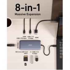 Концентратор USB-C 8-in-1 1xUSB-C PD100W + 1xHDMI + 2xUSB-A + 1xUSB-C 10Gbps + 1xRJ45 + SD black Anker (A83830A2) - Фото
