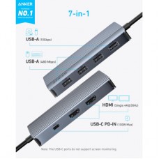 Концентратор USB-C 7-in-1 1xUSB-C PD100W + 2xHDMI + 4xUSB-A black Anker (A83740A2) - Фото