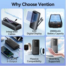 Батарея универсальная Vention 20000 mAh 22.5W with Built-in USB-C and Lightning Cables (FHPB0) - Фото