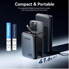 Батарея універсальна Vention 20000 mAh 45 W Mini with Built-in USB-C Cable Gray (FHGH0) - Фото