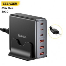 Зарядний пристрій Essager 3xUSB-C + 3xUSB-A 85W GaN black (EZC85W-SXB0G-Z) - Фото