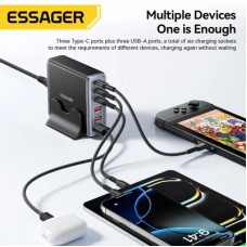 Зарядний пристрій Essager 3xUSB-C + 3xUSB-A 85W GaN black (EZC85W-SXB0G-Z) - Фото