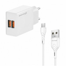 Зарядний пристрій Grand-X 2xUSB 5 V 2.4 A + cable USB to USB-C white (CH-15WT) - Фото