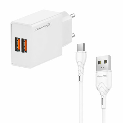 Зарядний пристрій Grand-X 2xUSB 5 V 2.4 A + cable USB to USB-C white (CH-15WT)