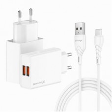 Зарядний пристрій Grand-X 2xUSB 5 V 2.4 A + cable USB to USB-C white (CH-15WT) - Фото