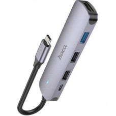 Концентратор HOCO USB-C to HDMI+USB3.0+2xUSB2.0+PD HB27 Metal Gray (6931474769329) - Фото