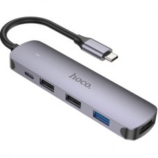 Концентратор HOCO USB-C to HDMI+USB3.0+2xUSB2.0+PD HB27 Metal Gray (6931474769329) - Фото
