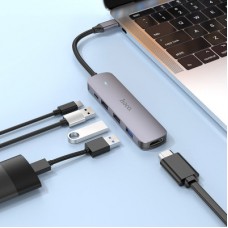 Концентратор HOCO USB-C to HDMI+USB3.0+2xUSB2.0+PD HB27 Metal Gray (6931474769329) - Фото