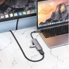 Концентратор HOCO USB-C to HDMI+USB3.0+2xUSB2.0+PD HB27 Metal Gray (6931474769329) - Фото