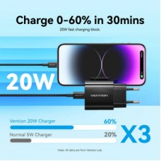 Зарядний пристрій Vention 1xUSB-C PD20W + cable USB-C to Lightning black (G17B0-EU) - Фото