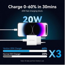 Зарядний пристрій Vention 1xUSB-C PD20W + cable USB-C to Lightning white (G17W0-EU) - Фото