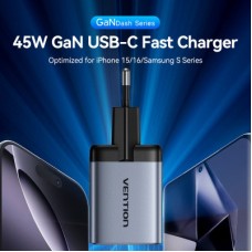 Зарядний пристрій Vention 2xUSB-C PD45W GaN gray (FCDH0-EU) - Фото