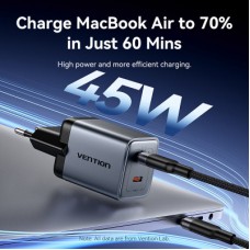 Зарядний пристрій Vention 2xUSB-C PD45W GaN transparent gray (FCFH0-EU) - Фото