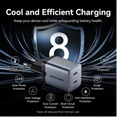 Зарядний пристрій Vention 2xUSB-C PD45W GaN transparent gray (FCFH0-EU) - Фото