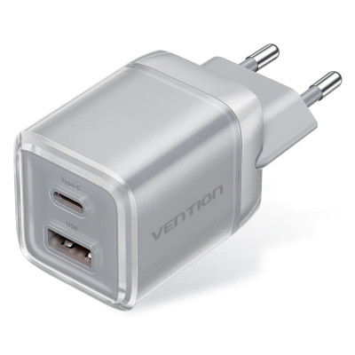 Зарядний пристрій Vention 1xUSB-C PD70W + 1xUSB QC 3.0 22.5 W GaN transparent gray (FCGH0-EU)