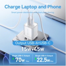 Зарядний пристрій Vention 1xUSB-C PD70W + 1xUSB QC 3.0 22.5 W GaN transparent gray (FCGH0-EU) - Фото