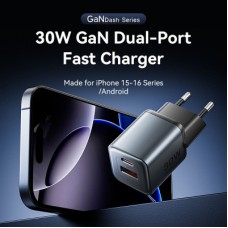 Зарядний пристрій Vention 1xUSB-C PD30W + 1xUSB QC 3.0 18 W GaN gray (FEWH0-EU) - Фото
