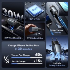 Зарядний пристрій Vention 1xUSB-C PD30W + 1xUSB QC 3.0 18 W GaN gray (FEWH0-EU) - Фото